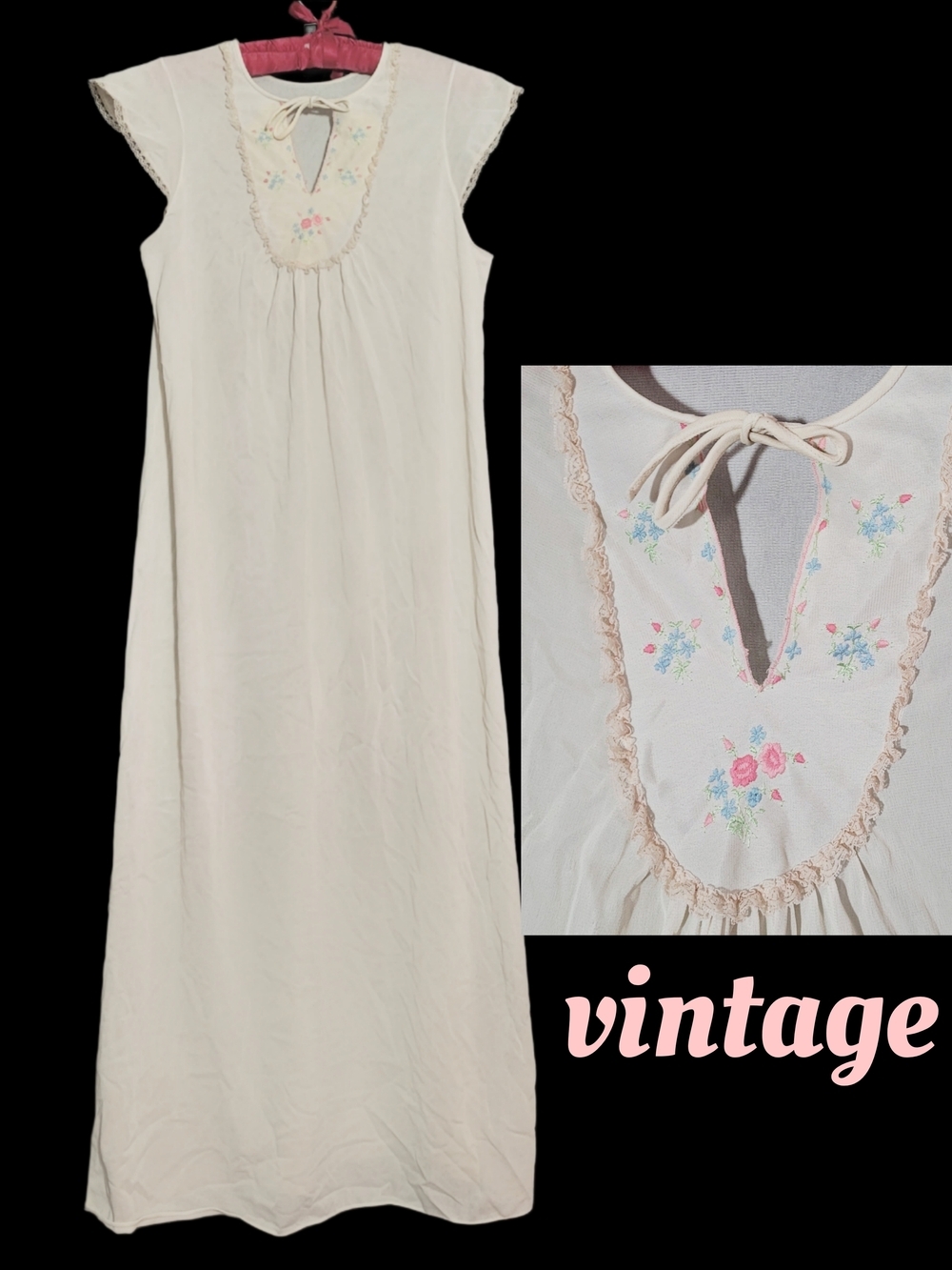 Vintage Cream Maxi Nightgown with Pastel Floral Embroidery
